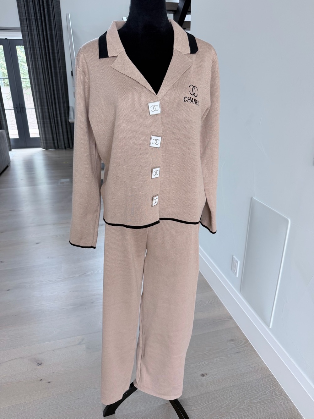 Beige Knit Two Piece Matching Set with Black Trim with With Wide Leg size S